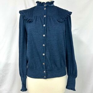 TSUMORI CHISATO Navy 100% Wool Ruffle Pintuck Victorian Cardigan Women's 2 JAPAN